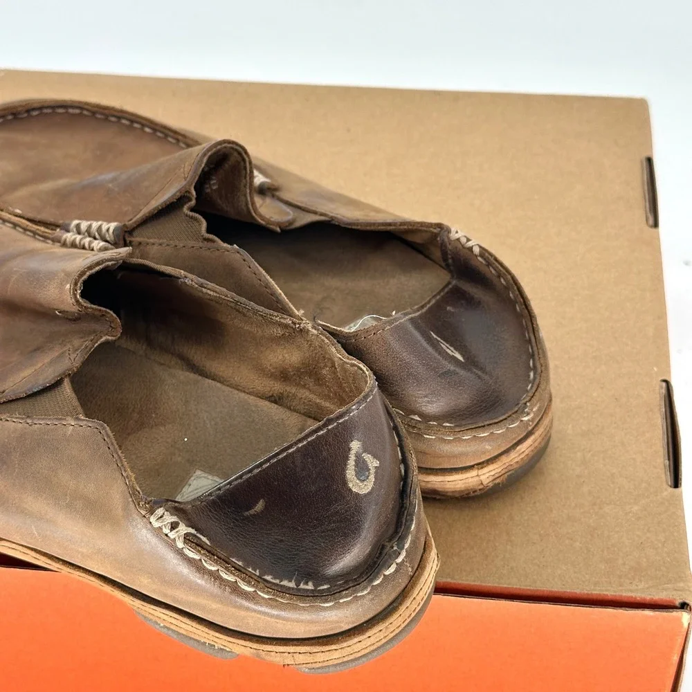 Olukai Molokai Brown Leather Slip On Casual Slipper Shoes Comfort Loafers 10